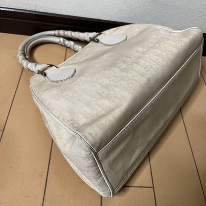 Christian Dior Hand Bag Tote Purse Trotter Leather Canvas White Authentic