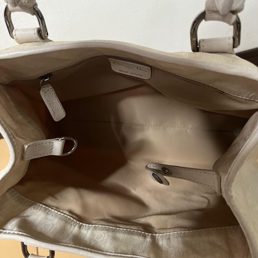 Christian Dior Hand Bag Tote Purse Trotter Leather Canvas White Authentic