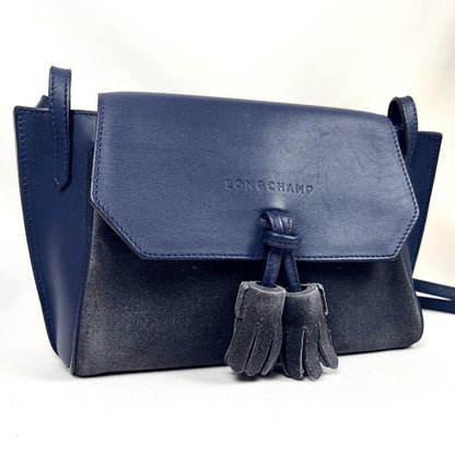 Longchamp Shoulder Bag Purse Logo Leather Navy Gray Authentic
