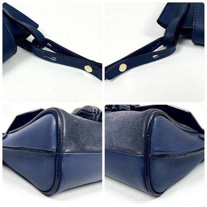 Longchamp Shoulder Bag Purse Logo Leather Navy Gray Authentic