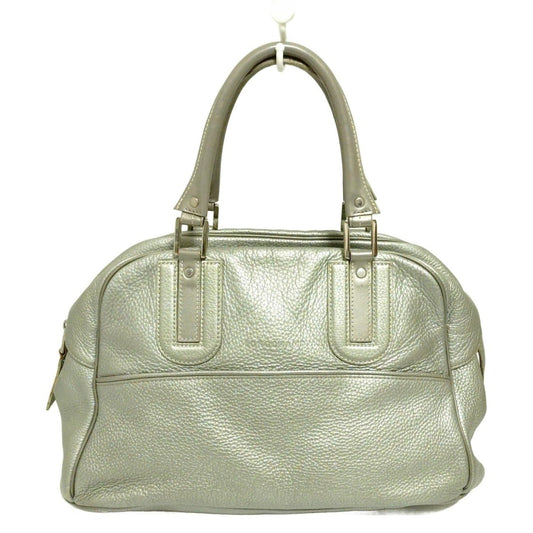 Longchamp Boston Bag Hand Bag Tote Purse Leather Silver Authentic