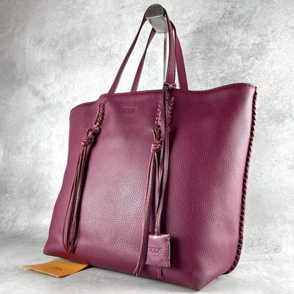 TOD'S Hand Bag Tote Purse Leather Bordeaux Authentic