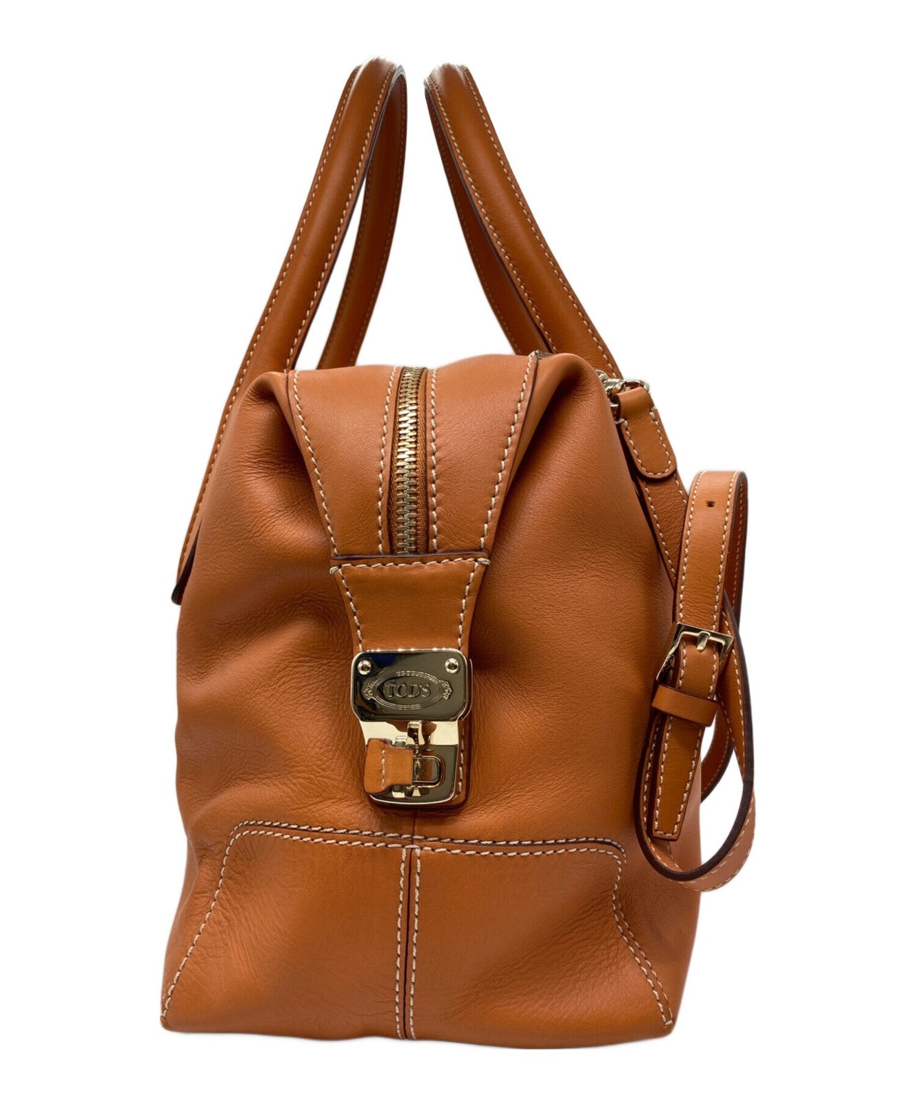 TOD'S Hand Shoulder Bag Tote Purse 2way Leather Orange Authentic
