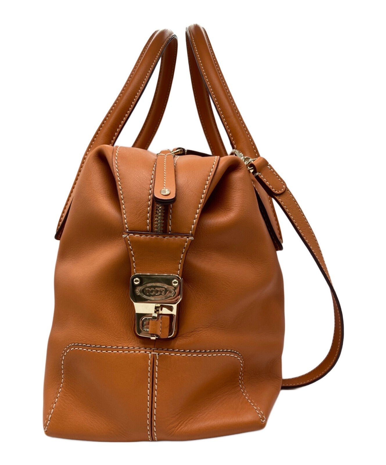 TOD'S Hand Shoulder Bag Tote Purse 2way Leather Orange Authentic