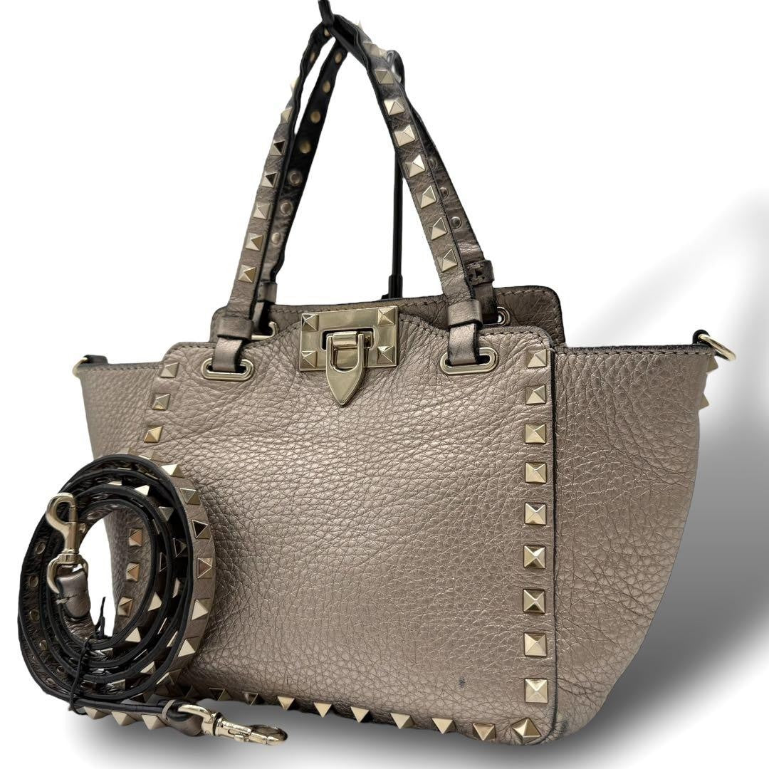 Valentino Garavani Shoulder Bag Purse 2way Rockstuds Leather Champagne Gold