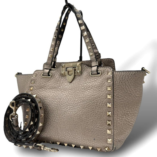 Valentino Garavani Shoulder Bag Purse 2way Rockstuds Leather Champagne Gold