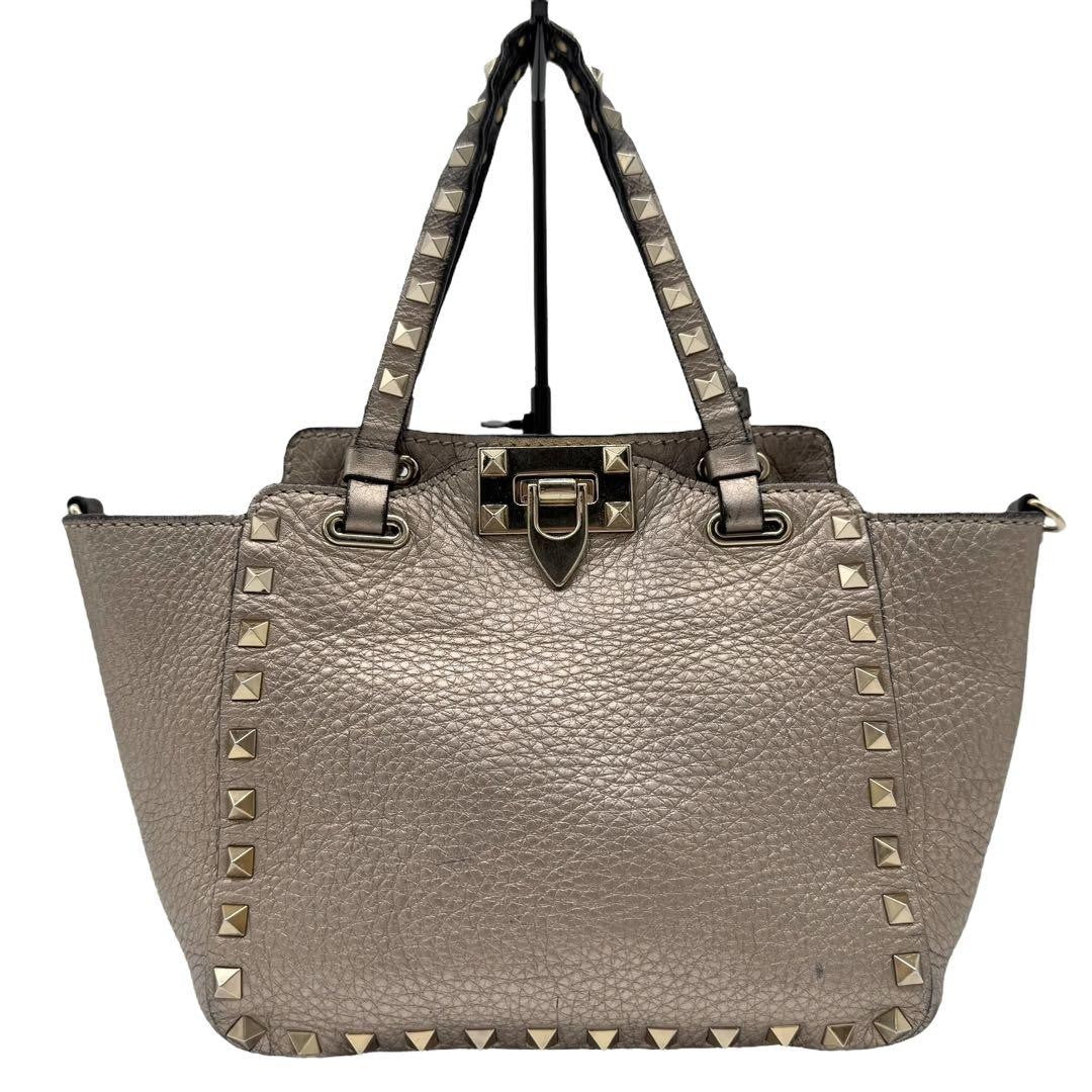 Valentino Garavani Shoulder Bag Purse 2way Rockstuds Leather Champagne Gold