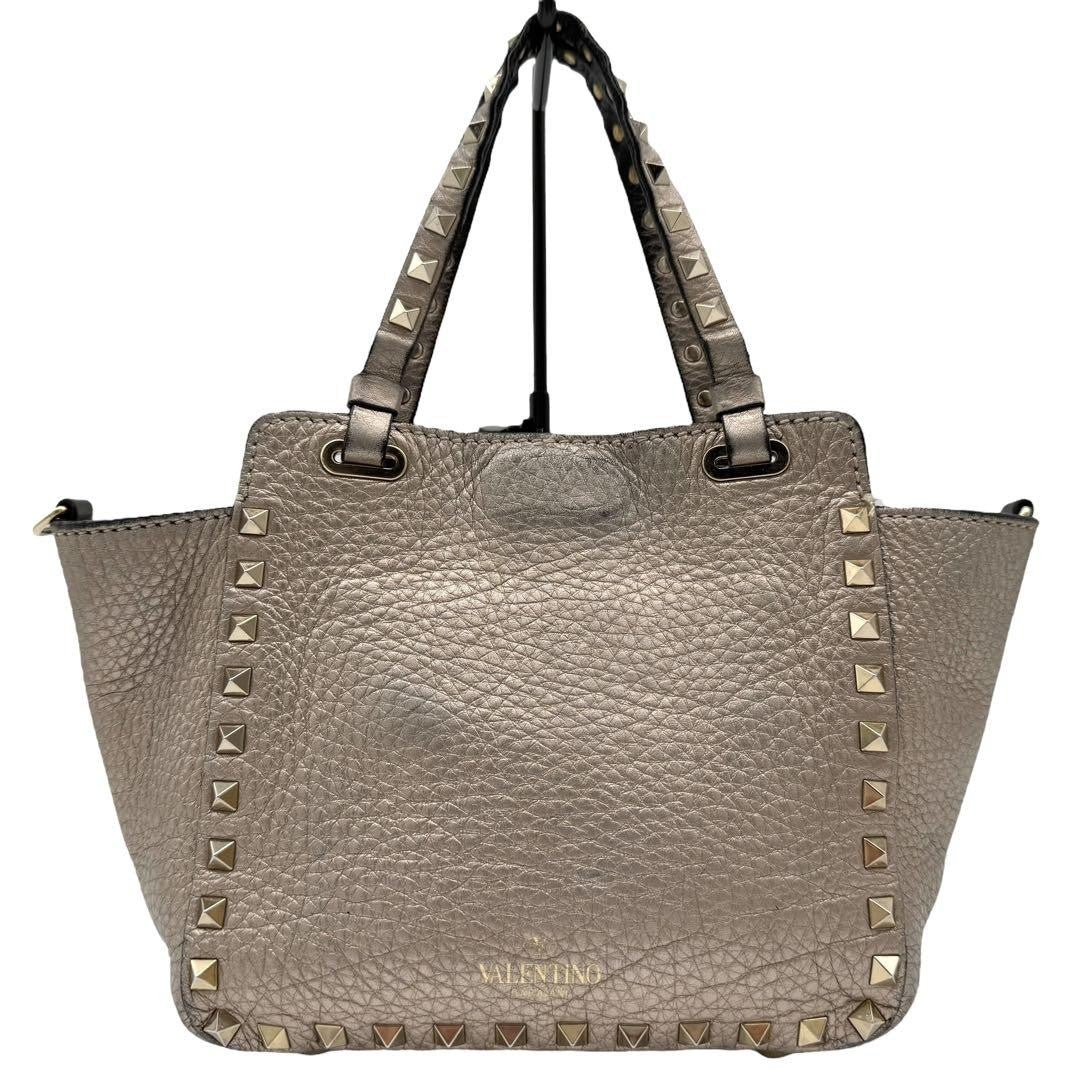 Valentino Garavani Shoulder Bag Purse 2way Rockstuds Leather Champagne Gold
