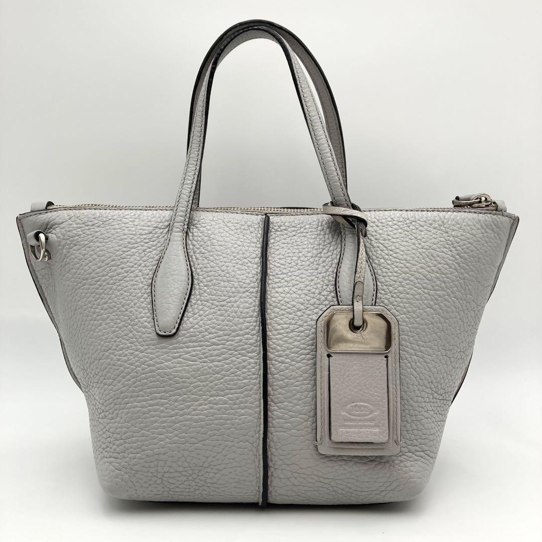 TOD'S Hand Shoulder Bag Tote Purse 2way JOY Mini Leather Light Gray Authentic