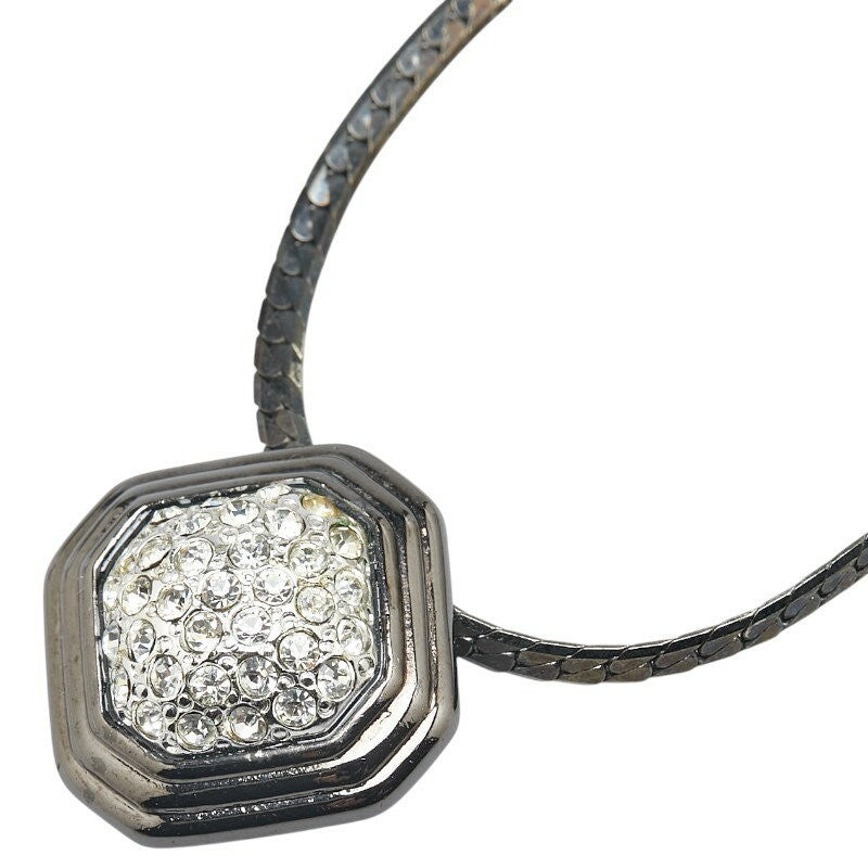 Saint Laurent Necklace Pendant YSL Cassandra Rhinestone Silver Black Authentic