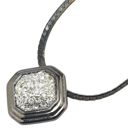 Saint Laurent Necklace Pendant YSL Cassandra Rhinestone Silver Black Authentic