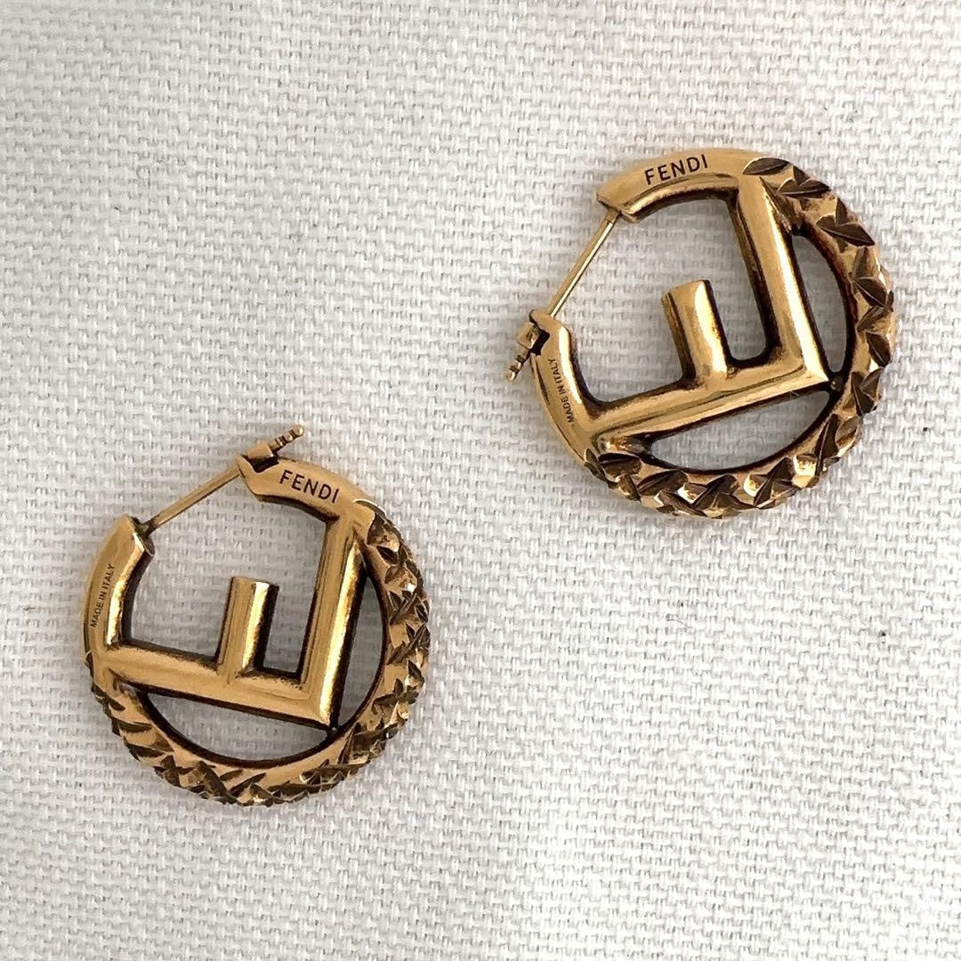 FENDI Earrings F Logo Hoop Metal Gold Women Accessory Authentic