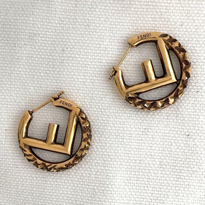 FENDI Earrings F Logo Hoop Metal Gold Women Accessory Authentic