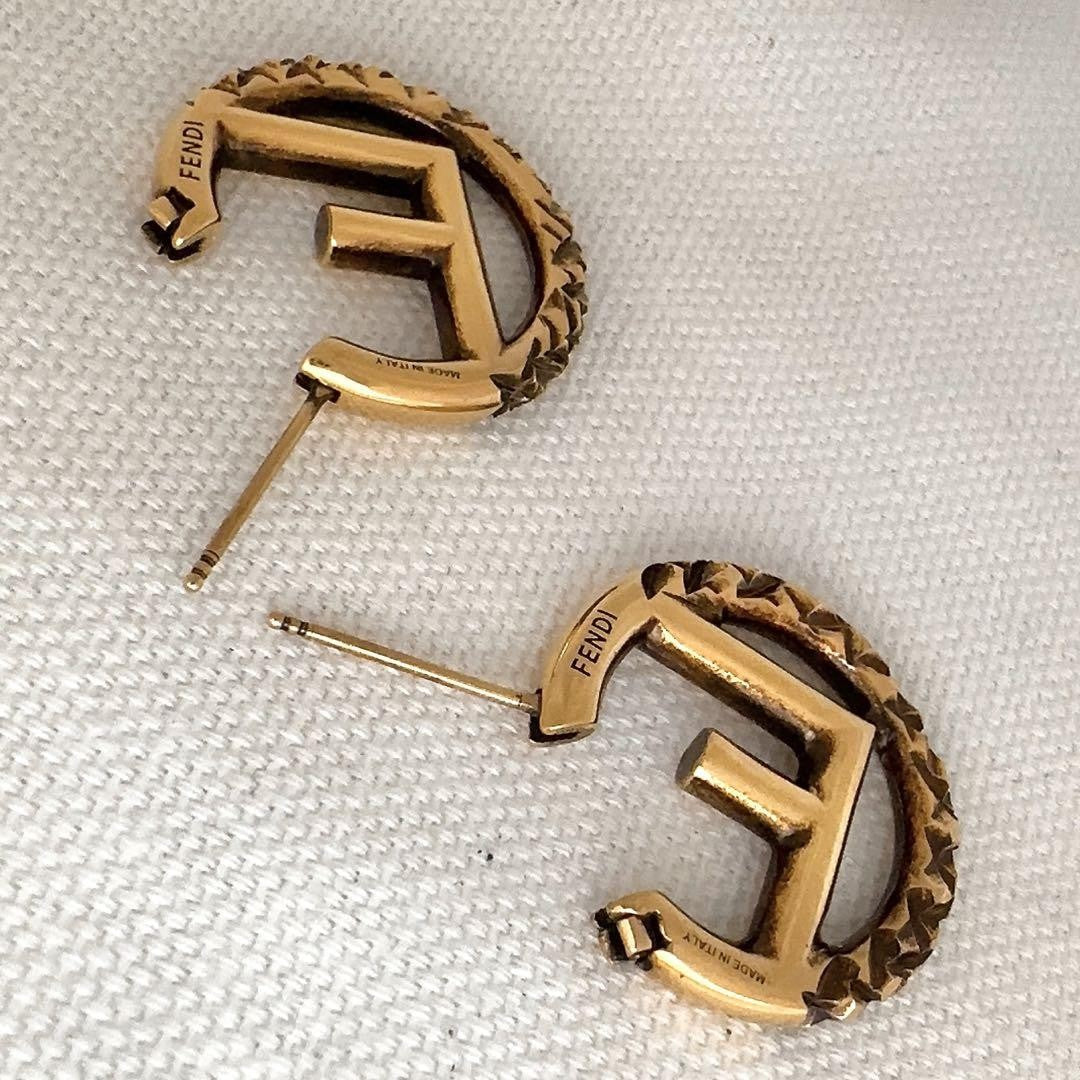 FENDI Earrings F Logo Hoop Metal Gold Women Accessory Authentic