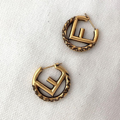 FENDI Earrings F Logo Hoop Metal Gold Women Accessory Authentic