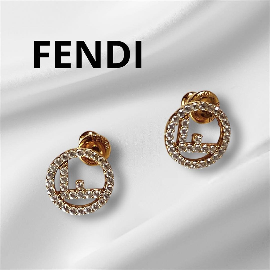FENDI Earrings F Logo Rhinestone Metal Gold Women Accessory Authentic