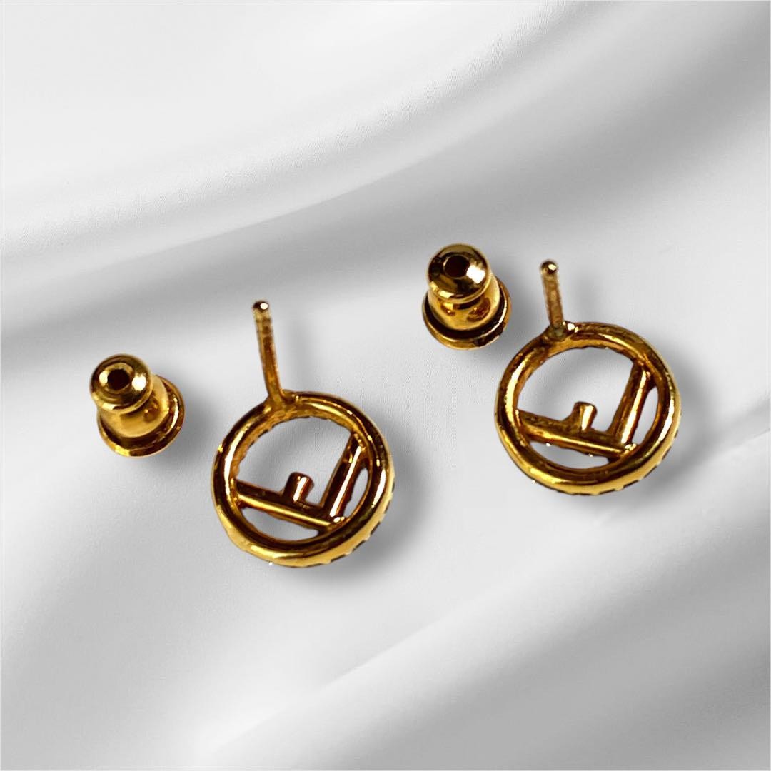 FENDI Earrings F Logo Rhinestone Metal Gold Women Accessory Authentic