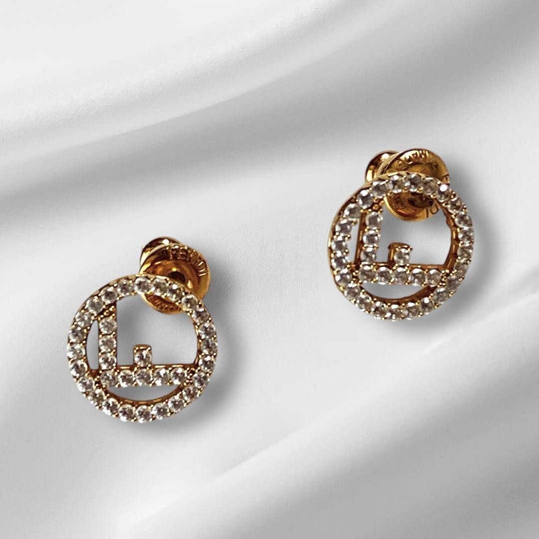 FENDI Earrings F Logo Rhinestone Metal Gold Women Accessory Authentic