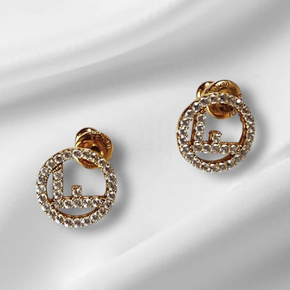 FENDI Earrings F Logo Rhinestone Metal Gold Women Accessory Authentic