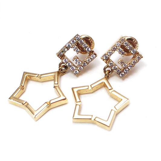 FENDI Earrings FF GP Rhinestone Gold Women Accessory Authentic