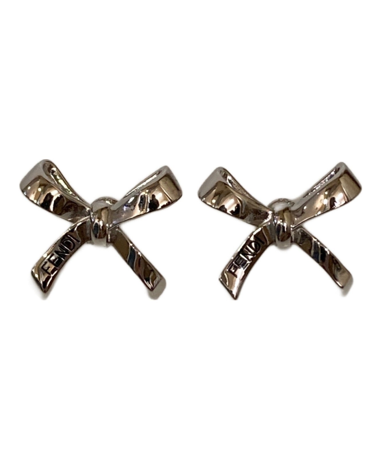 FENDI Earrings Logo Ribbon Silver Women Accessory Authentic