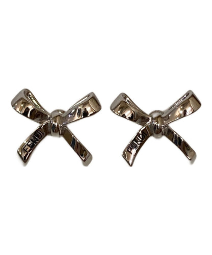 FENDI Earrings Logo Ribbon Silver Women Accessory Authentic