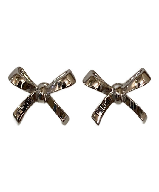 FENDI Earrings Logo Ribbon Silver Women Accessory Authentic