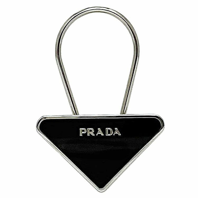 PRADA Key Ring Keychain Bag Charm Logo Metal Silver Black Authentic
