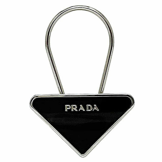 PRADA Key Ring Keychain Bag Charm Logo Metal Silver Black Authentic