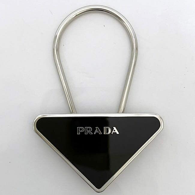 PRADA Key Ring Keychain Bag Charm Logo Metal Silver Black Authentic