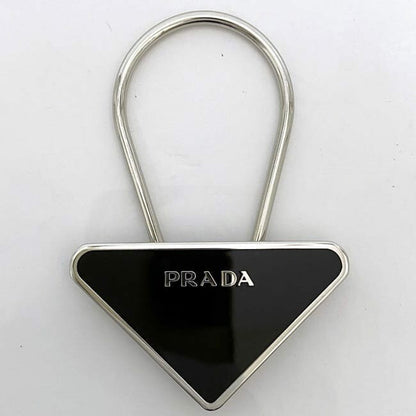 PRADA Key Ring Keychain Bag Charm Logo Metal Silver Black Authentic