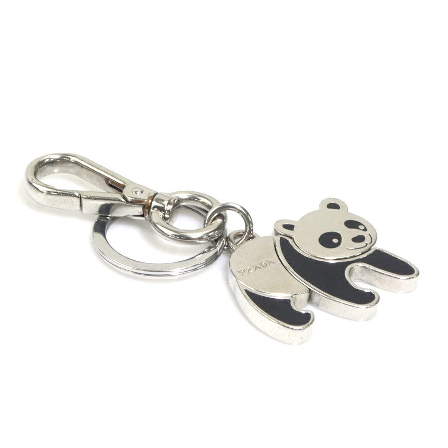 PRADA Key Ring Keychain Bag Charm Panda Metal Silver Black Authentic