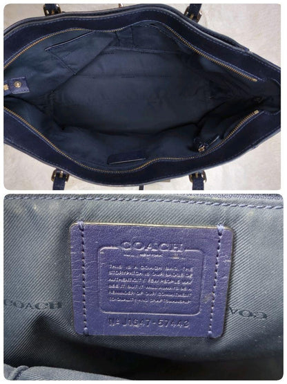 COACH Hand Bag Tote Purse 57443 Leather Navy Authentic