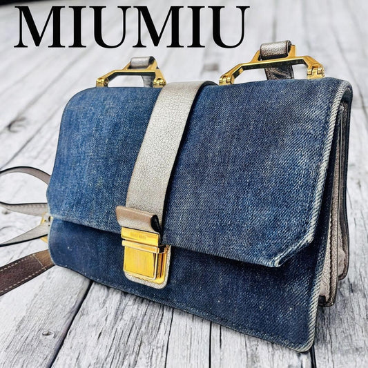 MIU MIU Shoulder bag denim gold Logo Women's Authentic Used