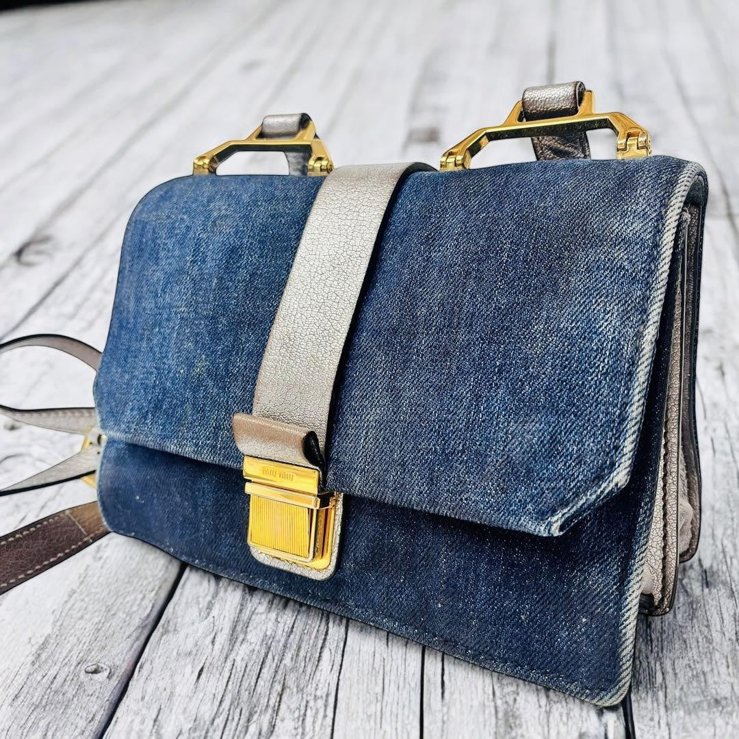 MIU MIU Shoulder bag denim gold Logo Women's Authentic Used