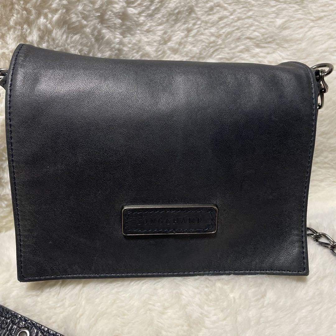 Longchamp shoulder bag Purse kate moss Navy Leather Authentic Used Women's