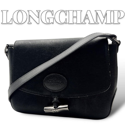 Longchamp shoulder bag Purse Black Leather Women's  Authentic Used