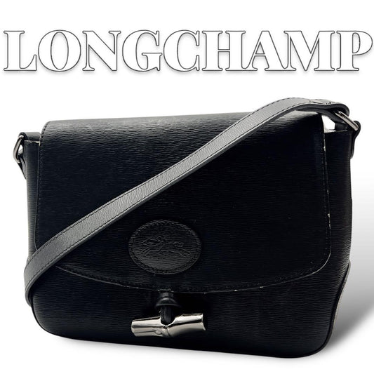 Longchamp shoulder bag Purse Black Leather Women's  Authentic Used