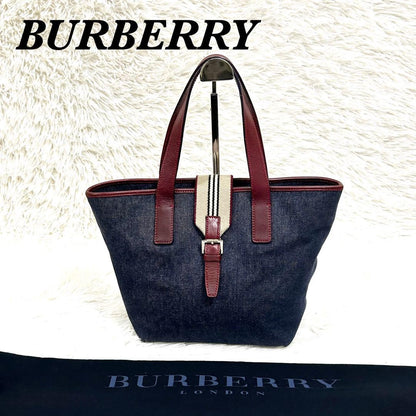BURBERRY Hand Bag Tote Purse Canvas Leather Navy Bordeaux Authentic