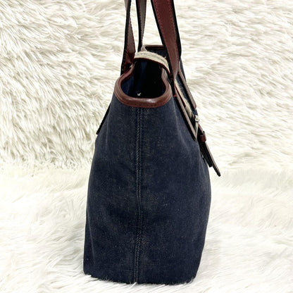 BURBERRY Hand Bag Tote Purse Canvas Leather Navy Bordeaux Authentic