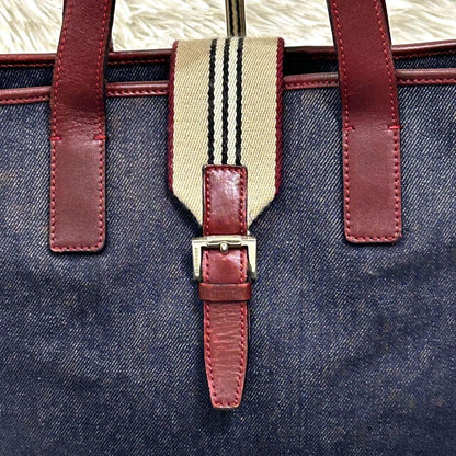 BURBERRY Hand Bag Tote Purse Canvas Leather Navy Bordeaux Authentic