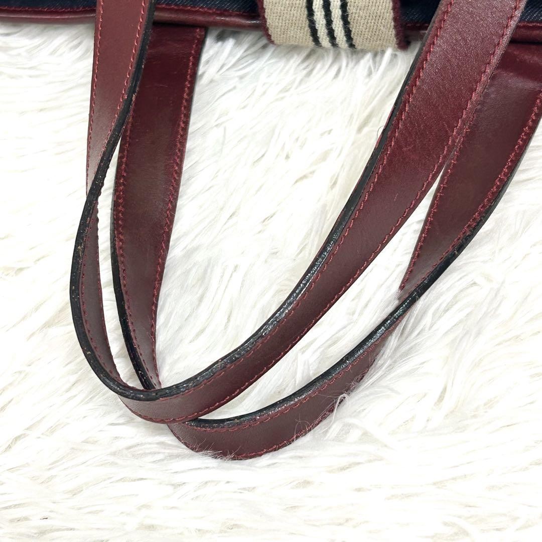 BURBERRY Hand Bag Tote Purse Canvas Leather Navy Bordeaux Authentic