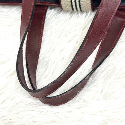 BURBERRY Hand Bag Tote Purse Canvas Leather Navy Bordeaux Authentic