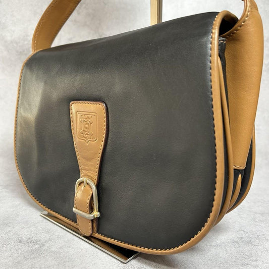 CELINE Shoulder Bag Purse Macadam Leather Black Authentic