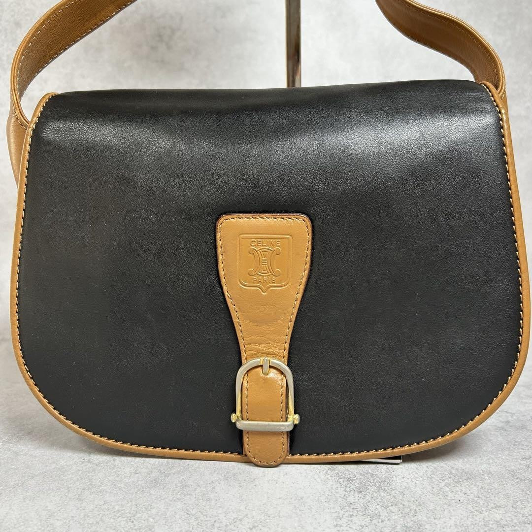 CELINE Shoulder Bag Purse Macadam Leather Black Authentic