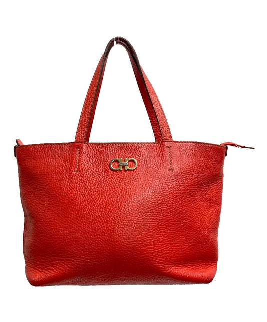 Salvatore Ferragamo Hand Bag Tote Purse Gancini Canvas Leather Red Authentic