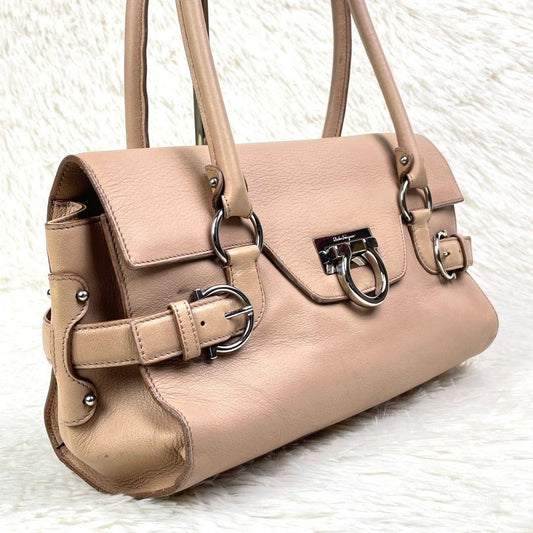 Salvatore Ferragamo Hand Shoulder Bag Tote Purse Gancini Leather Beige Authentic