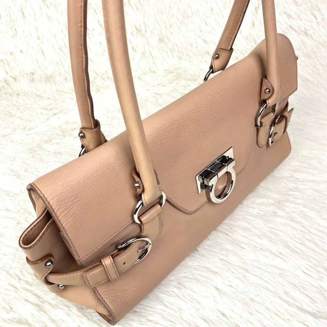 Salvatore Ferragamo Hand Shoulder Bag Tote Purse Gancini Leather Beige Authentic