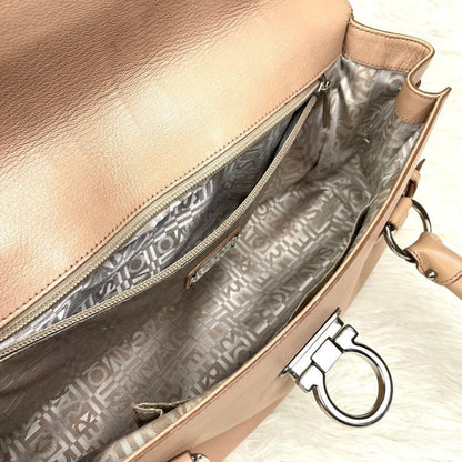 Salvatore Ferragamo Hand Shoulder Bag Tote Purse Gancini Leather Beige Authentic