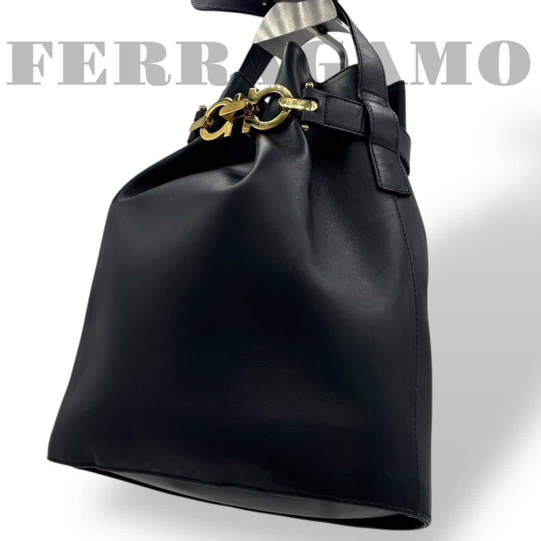 Salvatore Ferragamo Shoulder Bag Purse Gancini Leather Dark Navy Authentic